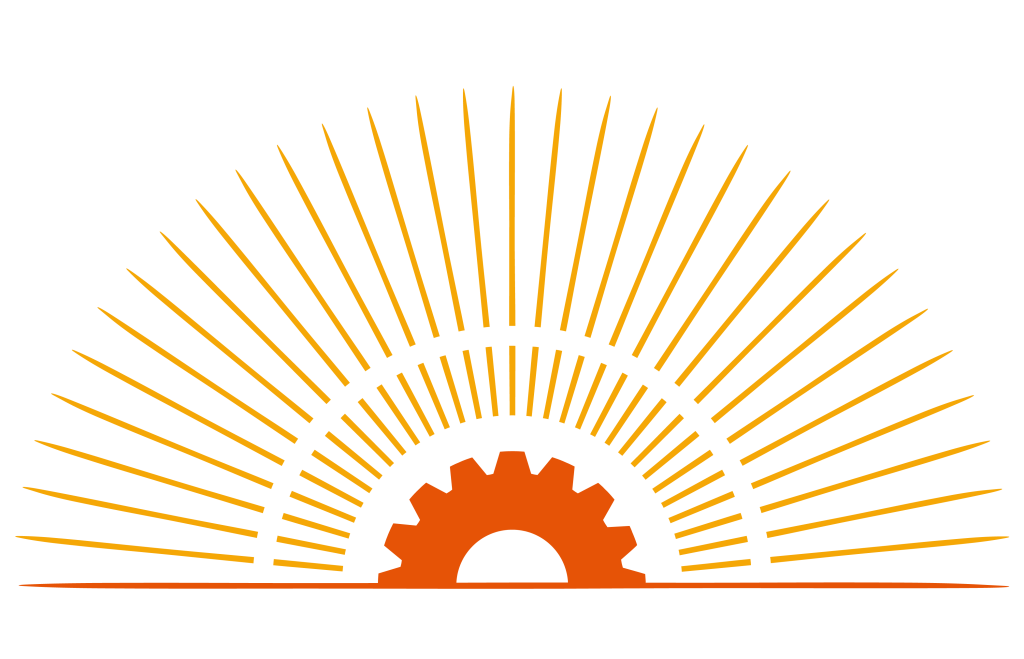 logo+Green_Jobs_AZ-brandmark - Green Jobs Arizona Stylized illustration of a semicircular sun with orange rays radiating outward from an orange gear.